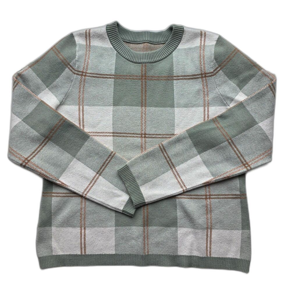 MAX STUDIO Sweater Green White Plaid Crewneck M Preppy Normcore Fitted Cozy